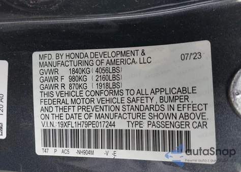 2023 Honda Civic Ex-L/Ex-L W/O Bsi z USA, uszkodzony, nr VIN 19XFL1H79PE017244